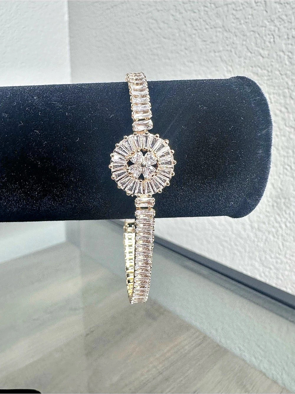 Gold-Filled Baguette Cubic Zirconia Floral Bracelet in Yellow Gold